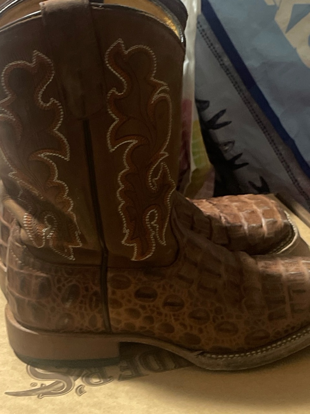 Men's Brown Croc-Texture Western Cowboy Boots